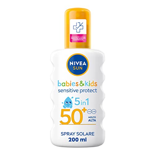 Nivea Sun Crema Solare Spray Kids Sensitive Protect & Play Fp 50+ 200 Ml, Crema Solare Bambini E Neonati Dai 6 Mesi In Su, Crema Solare 50+ In Pratico