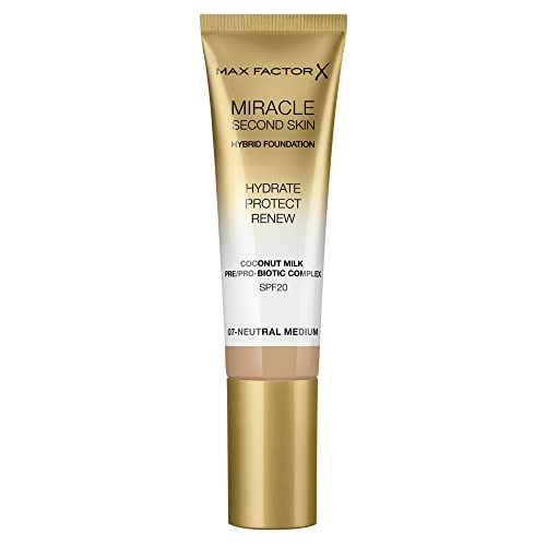 Max Factor Miracle Second Skin Fondotinta Dal Finish Naturale, Con Latte Di Cocco Idratante E Spf 20, 07 Neutral Medium