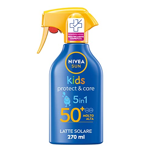 Nivea Sun Kids Maxi Spray Solare Kids Protect & Care Spf 50+ In Flacone Da 270 Ml, Crema Solare Per Bambini Resistente All'Acqua, Protezione Solare Pe