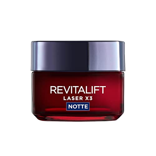 L'Oréal Paris Crema Viso Notte Revitalift Laser X3, Azione Antirughe E Anti-Età, Pelle Ridensificata E E Rinforzata, Con Acido Ialuronico, Vitamina C