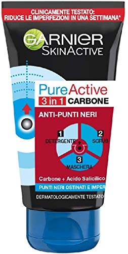 Garnier Maschera Punti Neri, Detergente E Scrub Viso Pure Active Intense 3In1 Con Carbone Vegetale, 150 Ml