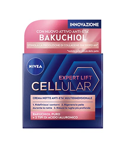 Nivea Cellular Expert Lift Crema Notte Anti-Età Multidimensionale 50 Ml, Crema Viso Notte Con Bakuchiol Puro E 2 Tipi Di Acido Ialuronico, Crema Antir