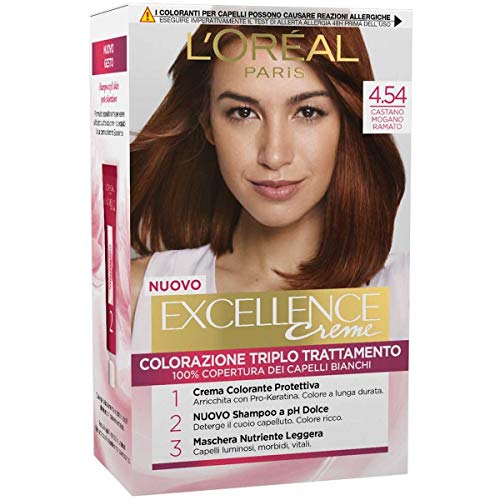 L'Oréal Paris Excellence Crema Colorante Triplo Trattamento Avanzato, 4.54, Castano Mogano Ramato, 250 Grammo
