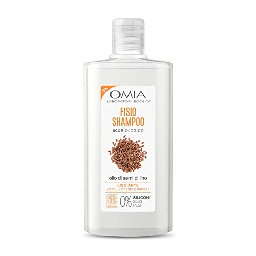 Omia, Fisio Shampoo Eco Bio Con Olio Di Semi Di Lino, Per Capelli Crespi, Lisciante E Disciplinante, Adatto Ad Un Uso Frequente, Senza Siliconi, Derma
