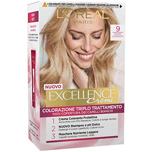 L'Oréal Paris Excellence Creme, Tinta Colorante Con Triplo Trattamento Avanzato, Copre I Capelli Bianchi Per Un Risultato A Lunga Durata, 9 Biondo Chi