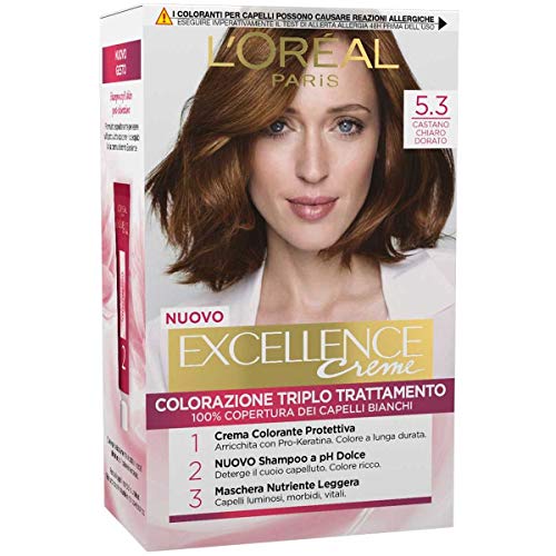 L’Oréal Paris Colorazione Triplo Trattamento Excellence, Con Acido Ialuronico, 100% Copertura Capelli Bianchi, Per Capelli Più Idratati, Castano Chiar