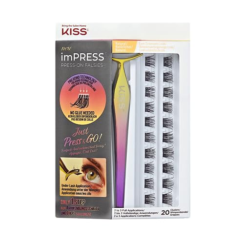 Kiss Impress Press-On Falsies, Ciglia Autoadesive, Senza Colla, Cluster, Naturale, 20 Cluster + Applicatore