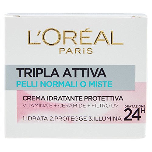 L'Oréal Paris Tripla Attiva Crema Viso Idratante Protettiva Giorno Per Pelli Normali O Miste, 50 Ml