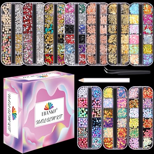 Ebanku 10 Scatola Nail Art Strass Kit Nail Art Decorazioni Con Strass Trasparenti, Con Pinzette E Penna Per Raccogliere Strass, Strumenti Per Nail Art