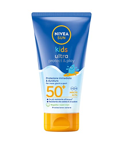 Nivea Sun Latte Solare Kids Ultra Protect & Play Fp50+ 150 Ml, Protezione Solare Per Bambini Estremamente Resistente All'Acqua, Crema Solare Per Bambi
