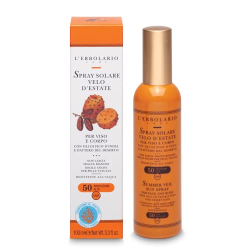 L'Erbolario Spray Solare Velo D'Estate Spf 50 Per Viso E Corpo, Protezione Alta, Azione Disarrossante, Resistente All'Acqua, Ideale Anche Per Pelle Ta