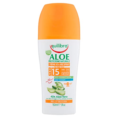 Equilibra Solari, Aloe Crema Solare Spray Spf 15, Crema Con Aloe Vera, Latte Di Mandorle, Olio Di Carota E Vitamina E, Protegge Dalle Scottature, Per