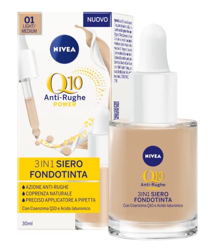 Nivea Q10 Power Anti-Rughe 3In1 Siero Fondotinta 01 Light/Medium 30 Ml, Fondotinta Coprente, Idratante E Anti-Età, Siero Viso Colorato Con Coenzima Q1