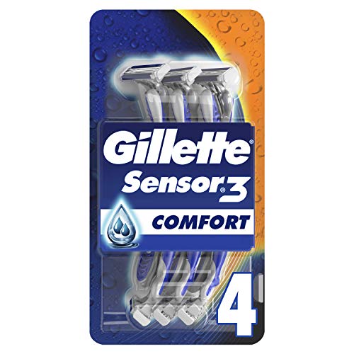 Gillette Sensor3 Comfort Disposable Razors For Men, Pack Of 4, Lubrastrip With Water-Activated Comfortgel Technology, 3 Skin-Sensing Blades