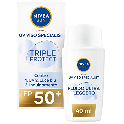 Nivea Sun Crema Solare Triple Protection Fp 50+ In Tubetto Da 40 Ml, Crema Solare Viso 50+ In Fluido Leggero, Crema Viso Acido Ialuronico E Vitamina E