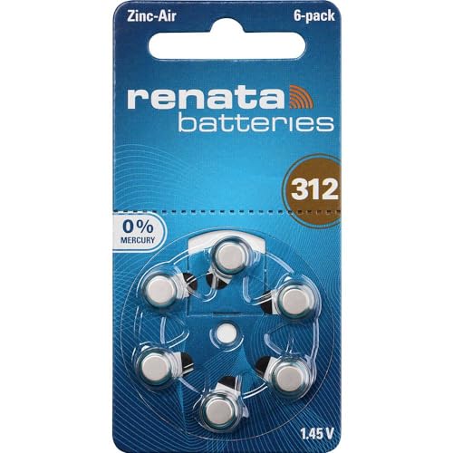 Renata Pbz7308-1 Za312.Dp6 0Hg Hearing Aid Pr41 - Pila A Bottone Za 312 Zinco-Aria, 165 Mah, 1,4 V, 6 Pezzi