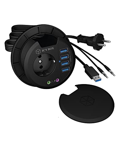 Icy Box Hub Da Tavolo Usb Da Incasso, 80 Mm, Hub Usb 3.0, Presa Audio, Presa Da Tavolo, Rotondo, Nero