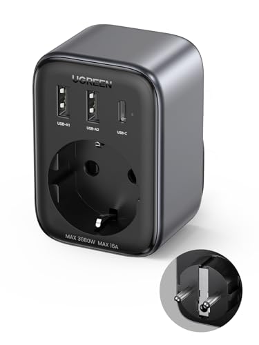 Ugreen Caricatore Usb 30W, Adattatore Eu Con 2 Usb, 1 Usb C E 1 Presa Schuko Presa, Adattatore Multipla 4 In 1 Compatibile Con Iphone 15, 15 Pro Max,