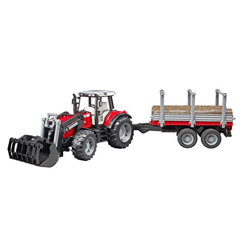 Bruder 02046 - Massey Ferguson 7480 Con Caricatore Frontale, Rimorchio Per Trasporto Legname, 3 Tronchi, Trattore