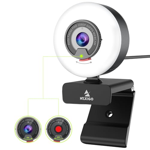 Nexigo N960E Webcam 1080P Da 60 Fps Con 2 Microfoni Stereo, Luce Ad Anello E Copertura, Telecamera Usb Per Lo Streaming Di Corsi Online, Compatibile C