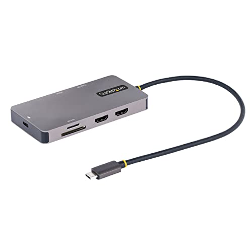 Startech.Com Adattatore Multiporta Usb C, Doppio Hdmi 4K 60Hz, Hub Usb-A 5Gbps, 100W Pd Pass-Through, Gbe, Sd/Microsd, Cavo 30Cm, Dock Da Viaggio/Dock