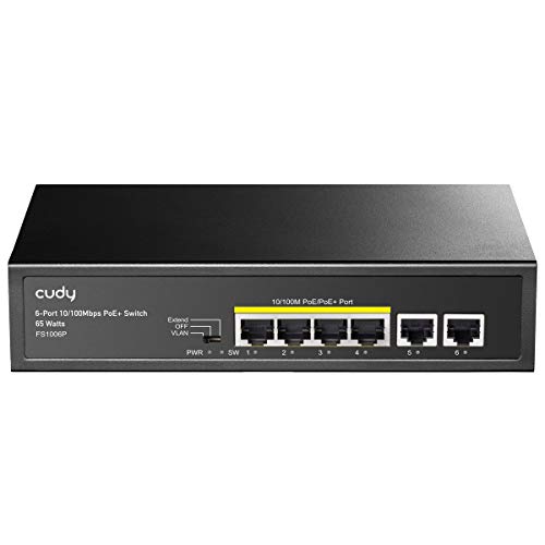 Cudy Switch Poe+ 6 Porte 10/100Mbps, 60W, 4 Porte Poe/Poe+, Switch Unmanaged, Modalità Cctv, Vlan, No Alimentazione Aggiuntiva, Fs1006P