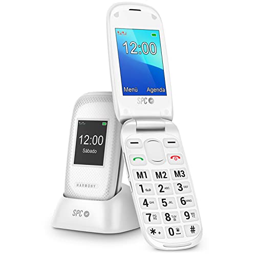 Spc Harmony - Telefono Cellulare Con Chiusura Per Anziani Con Numeri E Lettere Grandi, Pulsante Sos, 3 Memorie Dirette, Base Di Caricamento, Bianco