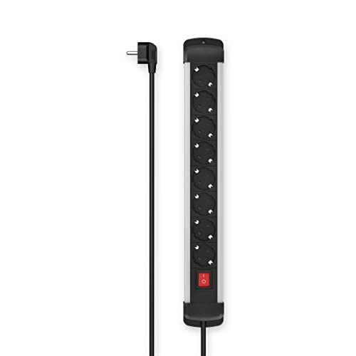 Hama - Multipresa 8 Posizioni Schuko, Spina Schuko, Cavo 1,5 Metri Metri, Alluminio/Nero, Con Interruttore, Montaggio A Muro