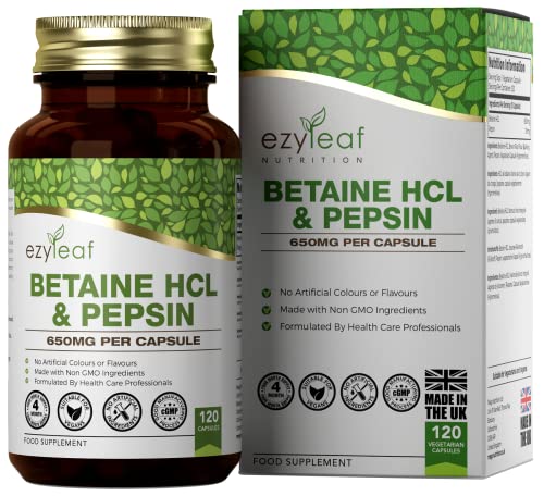 Ezyleaf Betaina Hcl Con Pepsina 680 Mg | 120 Capsule Vegane | Betaina Cloridrato Con Pepsina | Integratori Enzima Digestivo | Senza Ingredienti Artifi