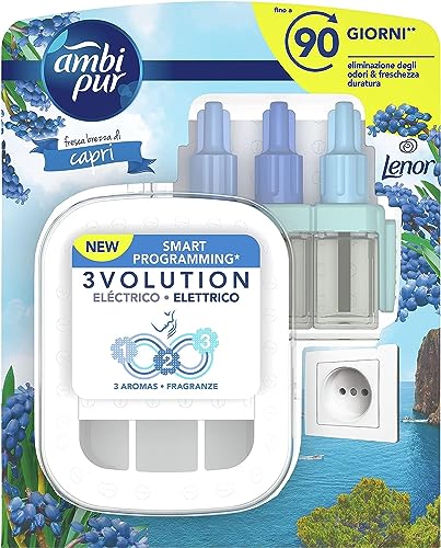 Ambi Pur Profumatore Per Ambienti, 1 Diffusore Elettrico Ambiente E 1 Ricarica, Fragranza Fresca Brezza Di Capri, Tecnologia Elimina Odori, Fino A 90 