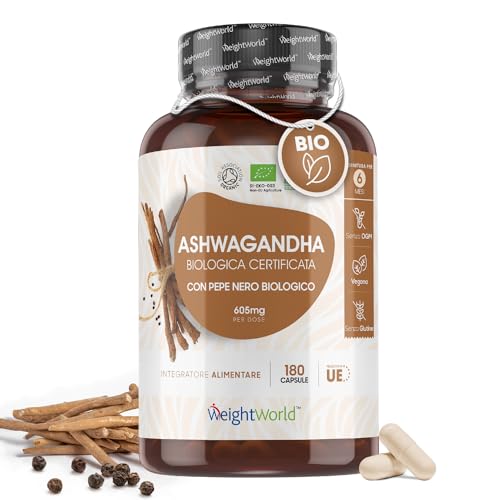 Ashwagandha Bio Vegan Con Pepe Nero Fino A 2420Mg (4 Capsule), 180 Ashwagandha Capsule, Ashwagandha Polvere Pura Original India, Ginseng Indiano Ashwa