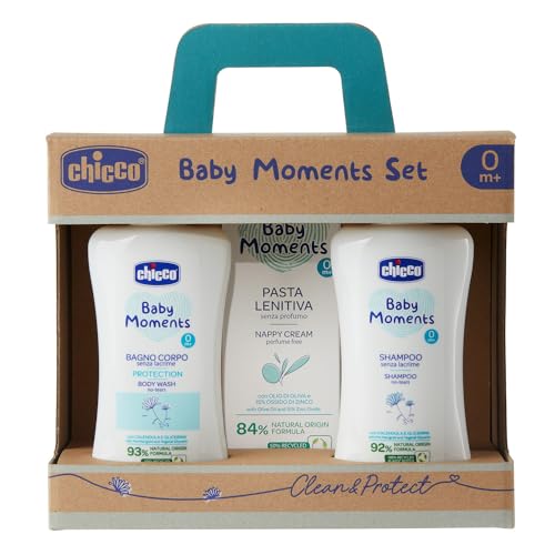 Chicco Baby Moments Set Con Bagno Corpo Da 200 Ml, Shampo Senza Lacrime Da 200 Ml, Pasta Lenitiva Da 100 Ml, Idea Regalo, 0 Mesi +
