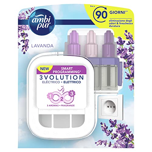 Ambi Pur 3Volution Profumatore Per Ambienti, 1 Diffusore Elettrico E 1 Ricarica, Fragranza Lavanda, Tecnologia Elimina Odori, Fino A 90 Giorni Di Prof