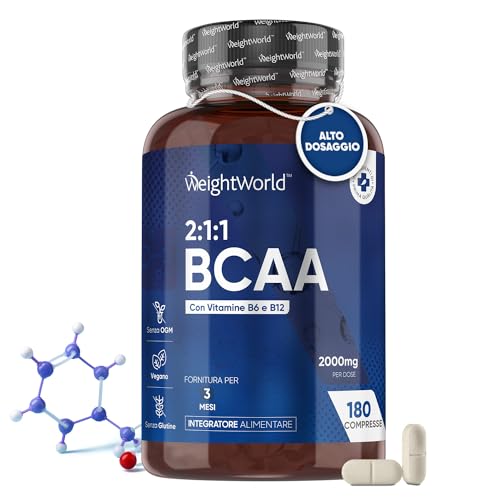 Bcaa 2 1 1 Aminoacidi Ramificati, Leucina, Valina, Isoleucina + Vitamina B6 E B12, 180 Bcaa Compresse Vegan Ad Alto Dosaggio, Aminoacidi Essenziali Co