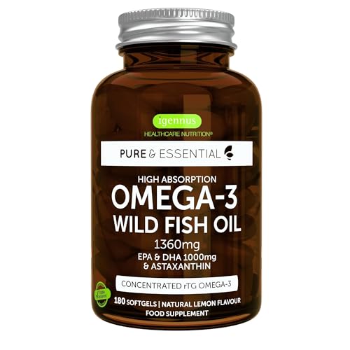 Omega 3 Olio Di Pesce Ad Alto Dosaggio, 1000Mg Di Epa & Dha, Rtg Omega-3 & Astaxantina, Ultro Puro, Privo Di Mercurio E Con Aroma Di Limone, 180 Capsu