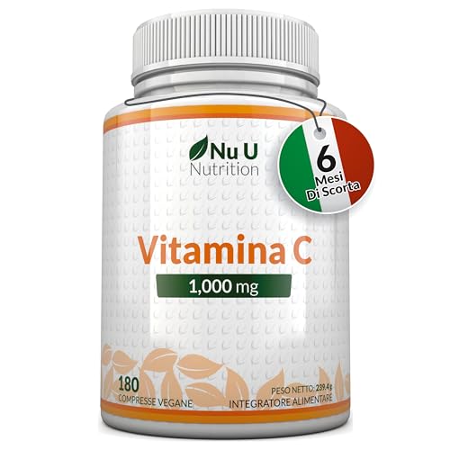 Vitamina C 1000Mg Pura Alto Dosaggio - 180 Compresse Vegane - 6 Mesi Di Fornitura - Acido Ascorbico - Senza Gmo - Integratori Alimentari Di Nu U Nutri