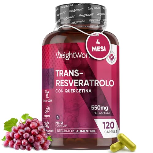 Resveratrolo 550Mg Con Quercetina, 1 Capsula Al Giorno (Scorta 4 Mesi) Senza Magnesio Stearato (98% Trans Resveratrolo) E Quercetina Capsule Vegan Res