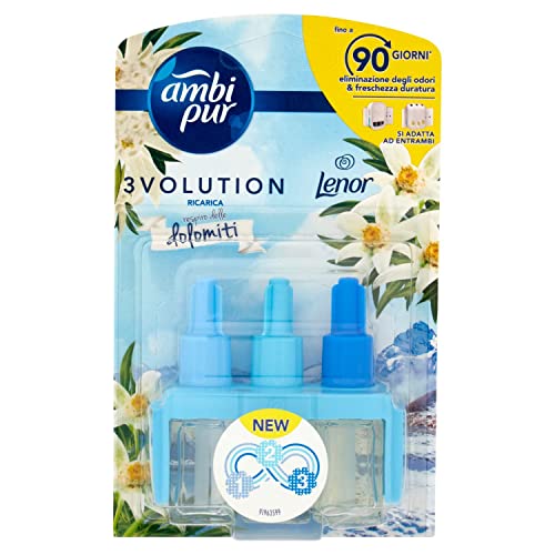 Ambi Pur 3Volution Profumatore Per Ambienti, 1 Ricarica Per Diffurore Elettrico, Fragranza Dolomiti, Tecnologia Elimina Odori, Fino A 90 Giorni Di Pro