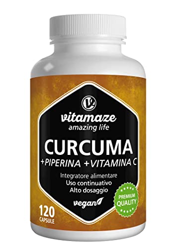 Vitamaze® Curcuma E Piperina Plus 1440 Mg Con Vitamina C Ad Alto Dosaggio, L'Estratto 95% Da Curcumina E Piperina Pura, 120 Curcuma Capsule Vegan, Qua
