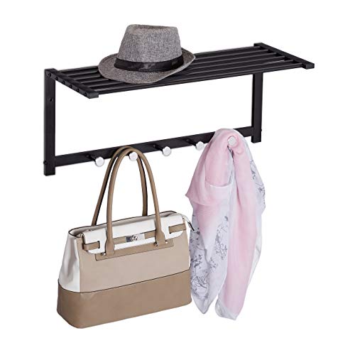 Relaxdays Attaccapanni Da Muro Con Ripiano, Mensola Portaoggetti Con 5 Ganci, Corridoio & Bagno, 28 X 65 X 25 Cm, Nero