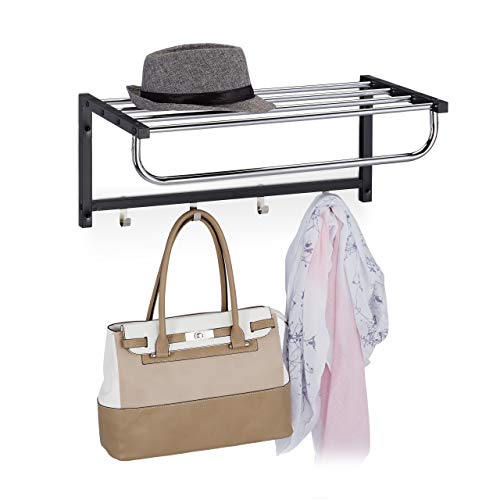 Relaxdays Attaccapanni Da Muro Con Ripiano, Mensola Portaoggetti Con 4 Ganci, Corridoio & Bagno, 25 X 60 X 32,5 Cm, Nero