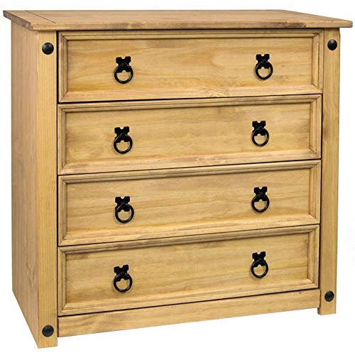 Home Discount, Corona, Cassettiera Rustica In Legno Massello Di Pino Messicano, Con 4 Cassetti E Finitura Anticata Cerata