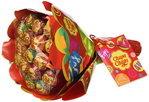 Chupa Chups Flower Bouquet, Lollipop Gusti Frutti Assortiti Al Limone, Arancia, Fragola, Mela, Anguria E Ciliegia, Bouquet Da 19 Lecca Lecca Monopezzo