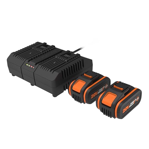 Worx - Confezione 2 Batterie E Caricatore Doppio - 20 V - 4 Ah - Wa3611 (Con Indicatore Di Livello Di Carica, Compatibile Con Tutti Gli Strumenti 20 V