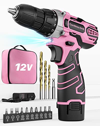 Trapano Avvitatore Batteria 12V, Rosa, Avvitatore A Batteria Max 25Nm, 2.0Ah Batterie, 18+1 Impostazione Coppia, Led Luce, 15 Accessori, 10Mm Mandrino