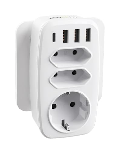 Lencent 4000W Presa Multipla Usb, Spina Elettrica Salvaspazio, Multipresa Con 1 Spina Schuko E 2 Presa Eu E 3 Usb-A 1 Usb-C, Adattatore Spina A Muro E