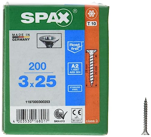 Spax, Viti Con Testa Svasata T-Star Plus, Filettatura Completa A2, 3 X 25 Mm, 200 Pz., 3527/000/3,0/25/02