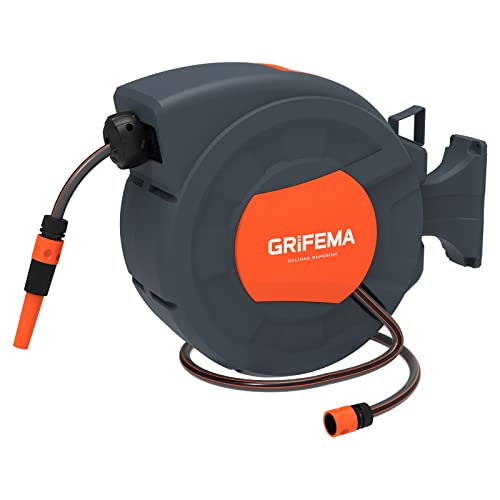 Grifema G301-25 - Avvolgitubo Di Bloccaggio Per Tubo Da Giardino Da Riavvolgimento Automatico Retrattile Montato A Parete Da 25 M, Girevole A 180°, Gr