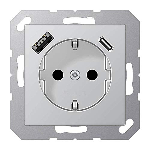 Jung A1520-15Caal - Presa Schuko Con Usb Tipo Ac (Max. 3A) Con Protezione Da Contatto Elevata (Termoplastica), In Alluminio, Serie A