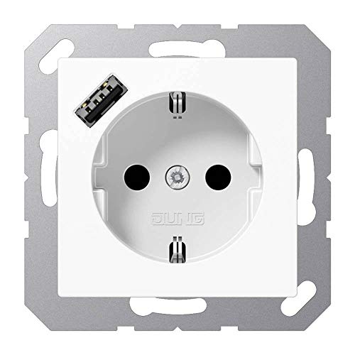 Jung A1520-18Aww - Presa Schuko Con Usb Tipo A (Max. 3A) Quick Charge Con Protezione Da Contatto Elevata (Termoplastica), Colore: Bianco Alpino Serie